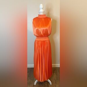 Nanette Lepore Bright Orange Pleated Mock Neck Sleeveless Midi Dress Sz 8